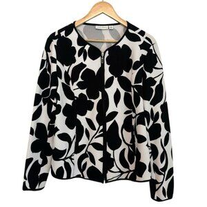 Women's Medium Black White Stretch Zipper Long Sleeve Work Casual Soft Cardigan